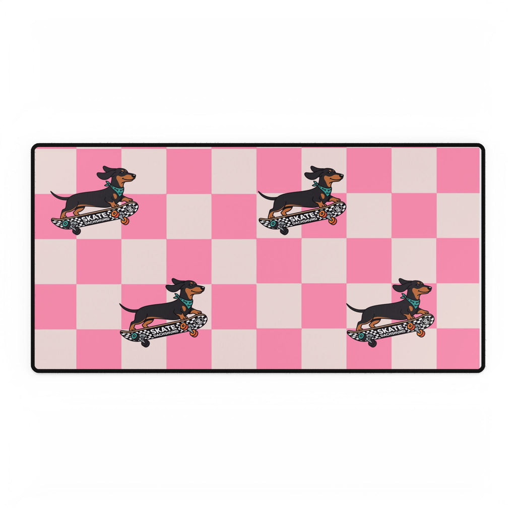 Pink Checkered Dachshund Desk Mat – Cute Skateboard Wiener Dog Mousepad