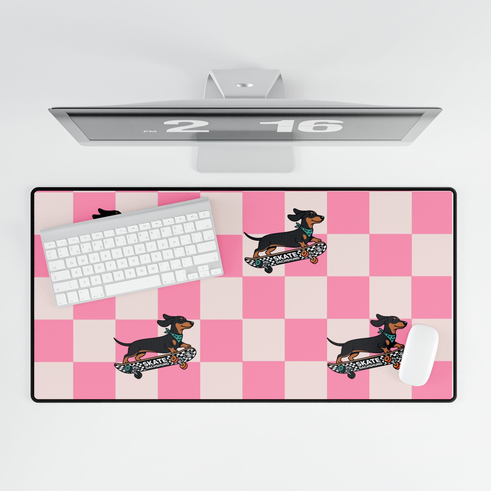 Pink Checkered Dachshund Desk Mat – Cute Skateboard Wiener Dog Mousepad